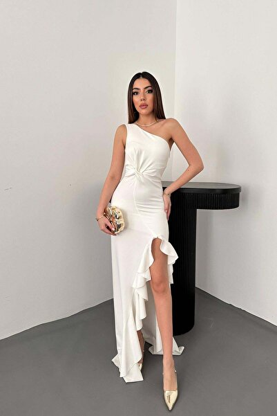 Moda Days Women's White Maxi Dress with One Shoulder and Slit with Flounces