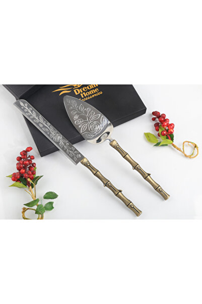 alya home aksesuar Bamboo Handle Rose Detailed Cake Serving Set Antique Style
