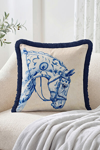 Realhomes Blue Tile Style Horse Head and Ethnic Motif Patterned Fringed Throw...