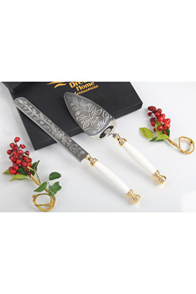 alya home aksesuar Porcelain Handle Rose Detailed Cake Serving Set Gold