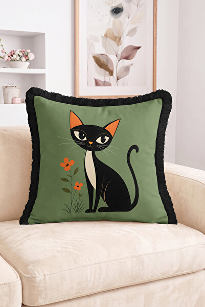 Realhomes Black Cat Figured Floral Motif Fringed Throw Pillow Cover Modern De...