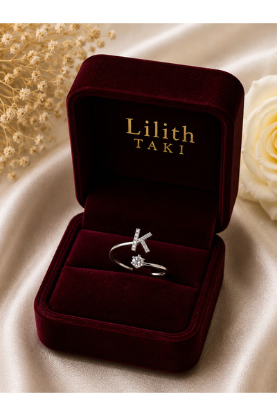 Lilith Takı K Harfli Zirkon Taşlı Ayarlanabilir Gümüş Renk Yüzük | Minimal Ha...