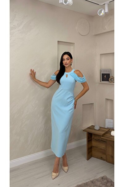 miraylawear JUNE MAVİ RENKLİ OMUZ TÜL DETAYLI KADIN MAXİ ELBİSE