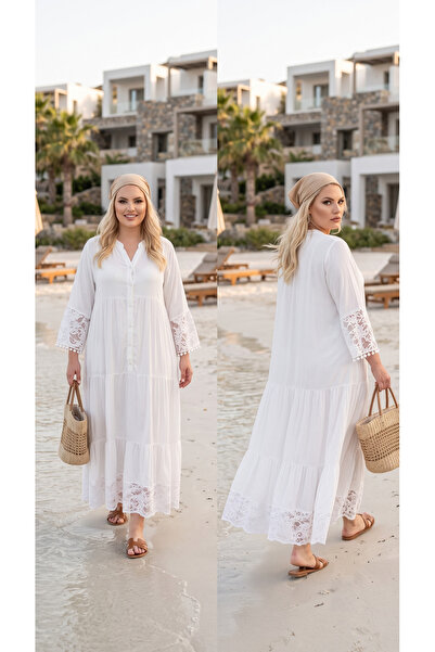 bohostyle.ro Rochie Lungă din Vâscoză cu Năsturei, Dantelă și Detalii Pompom
