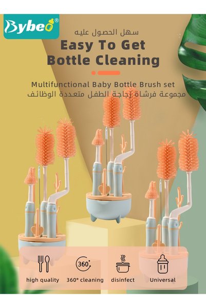 BYBEO 4 in 1 Silicone Baby Bottle Cleaning Brush Set with Stand, 360° Rotating Water Bottles Cleaner, Cup Gap Clean Brushes
