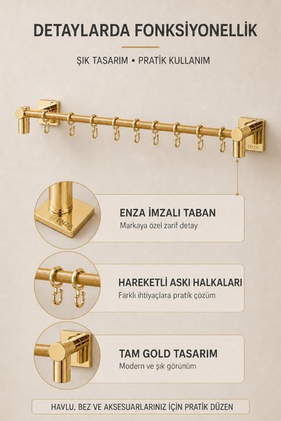 Enza Vidasız Montaj Duvar Rayı Dekoratif Plastik Mutfak Havlu Askısı 8'li Askı 52 Cm