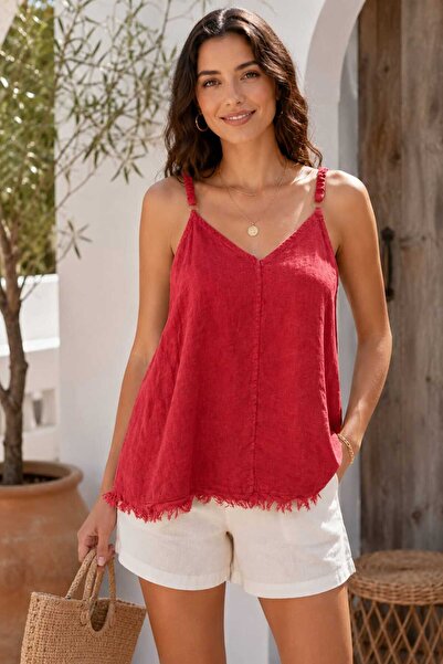 Butik Şans Women's V-Neck Adjustable Strap Tasseled Raw Edge Italian Linen Bl...
