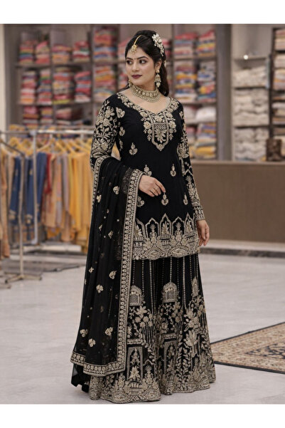 MYSMAR Black Faux Georgette Top Pent Dupatt Set - HRT7429 - Black-Size:XL-42-...