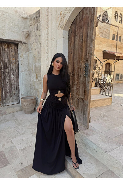 kırmızı butiks Siyah Çift Aksesuarlı Resort Elbise