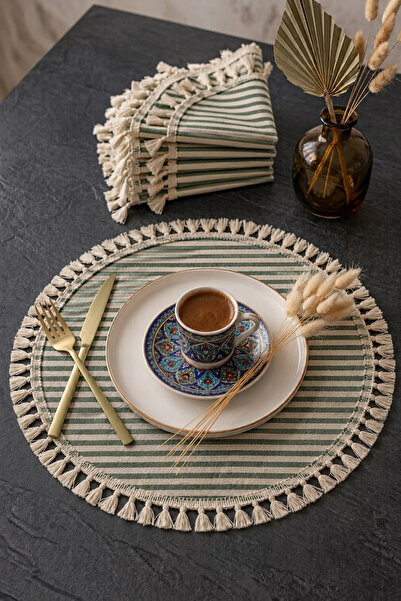 linea natura home Çizgili Yeşil Vintage bohem Tarz 6'lı Püsküllü Yuvarlak Ame...