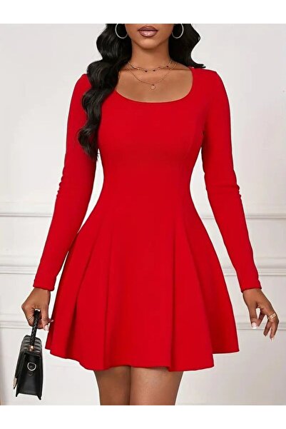 pazarella Women's Long Sleeve Square Neck Mini Imported Crepe Dress