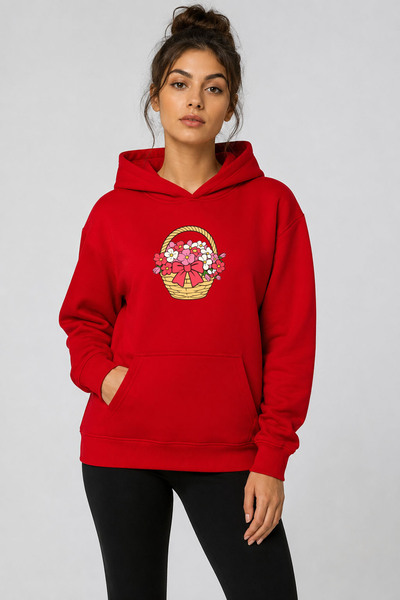 herkesemoda Flower Basket Printed Hooded 2 Thread Threaded Sweatshirt
