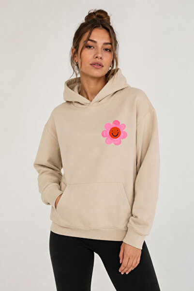 herkesemoda Emoji Flower Printed Hooded 2 Thread Threaded Sweatshirt