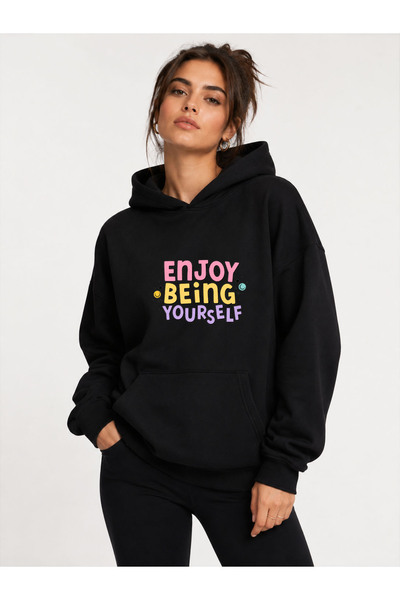 herkesemoda Enjoy Being Printed Hooded 2 Thread Threaded Sweatshirt