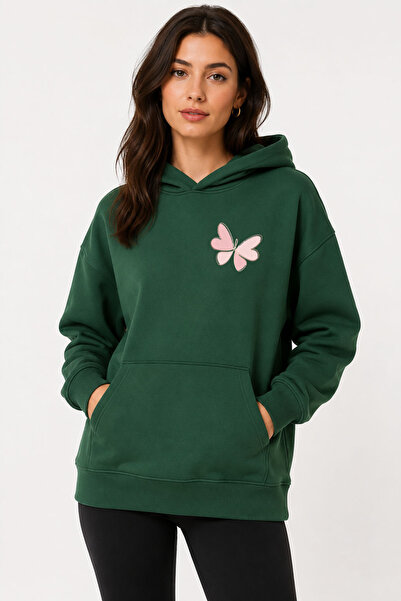 herkesemoda Butterfly Printed Hooded 2 Thread Threaded Sweatshirt