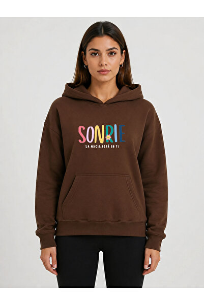 herkesemoda Sonrie Printed Hooded 2 Thread Raster Sweatshirt