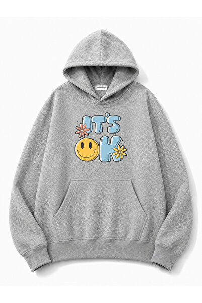 herkesemoda It's Ok Printed Hooded 2 Thread Raster Printed Sweatshirt