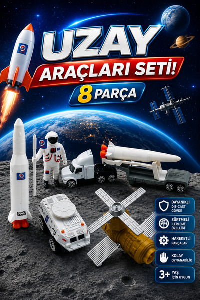 craftivio Uzay Araçları ve Astronot Oyuncak Seti 8 Parça Dayanıklı Metal Die-...