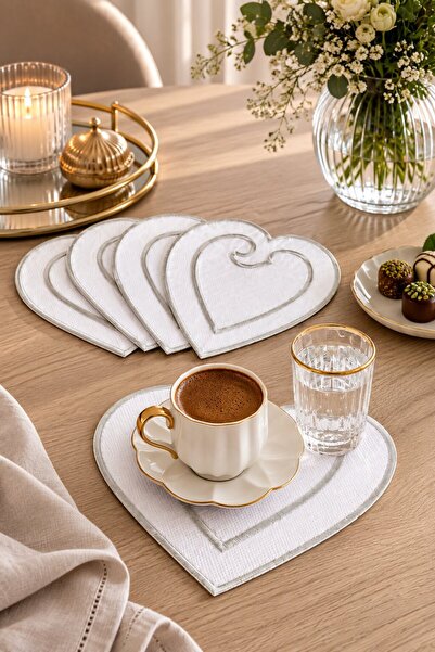 Teksev Embroidered Silver 6-Piece Coffee Serving Napkin Set Dowry Coffee Serv...