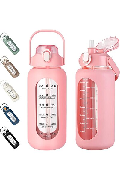 GENERAL 64oz Glass Water Bottles with Straw, Half Gallon Motivational Glass B...