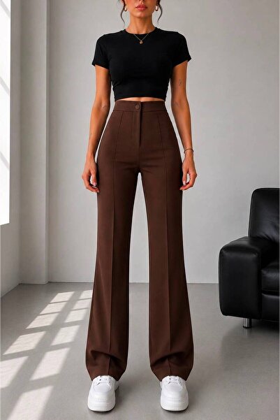 BILDEŞA Women's Brown High Waist Gathering Spanish Leg Paazzo Trousers