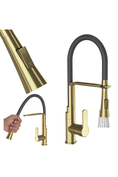 Granitan Baterie Bucatarie Vegas, Pipa Flexibila, 2 Moduri Jet, Auriu