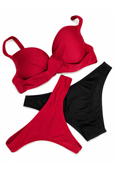 Nobrand Women's 3-Piece Red and Black Swimsuit, Padded Bra and 2 Briefs, Eleg...