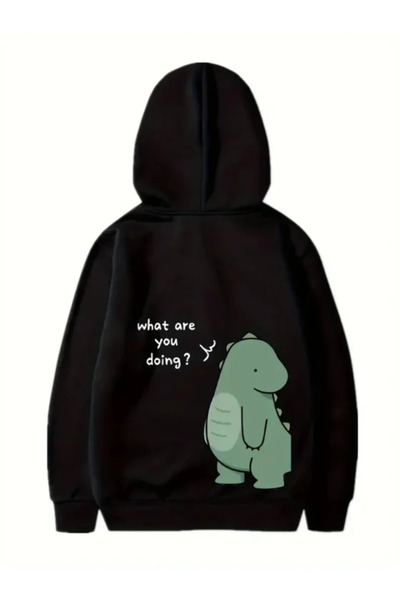 pazarella Valentine's Day Printed Oversize Hooded Sweatshirt Hoodie - Black