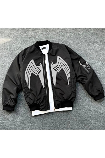 oniks store Full Zippered Long Sleeve Printed Bomber Jacket - Black