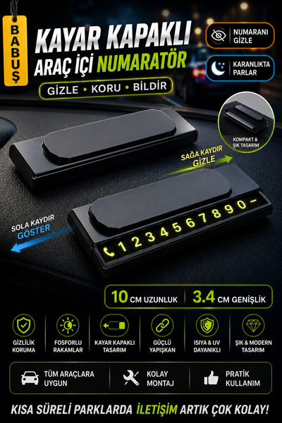 BabuShop Premium Araç İçi Numaratör Fosforlu Kayar Kapaklı