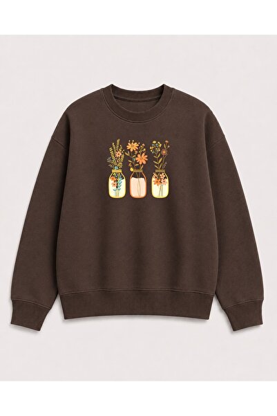 herkesemoda Jar Flower Print Detailed Embroidered 2 Thread Crew Neck Sweatshirt