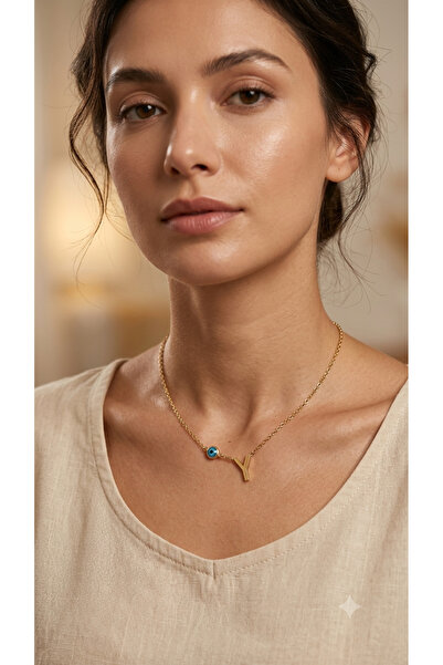 Bymiel Steel Letter Y Necklace with Evil Eye Bead Detail - Letter Necklace