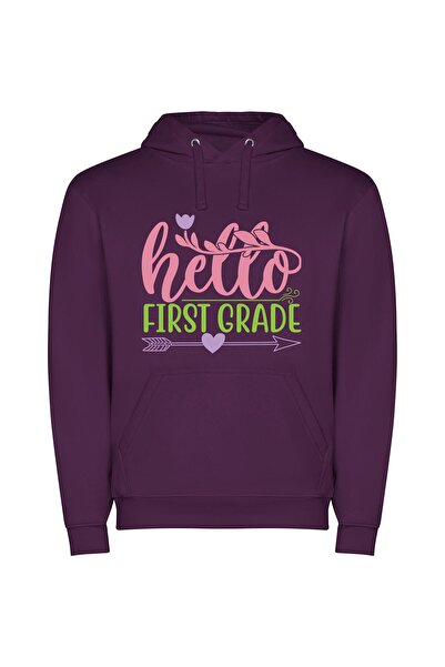 iLovePrints Vibrant Greeting: Hello 1st Grade! Φούτερ με κουκούλα σε χρώμα Μωβ