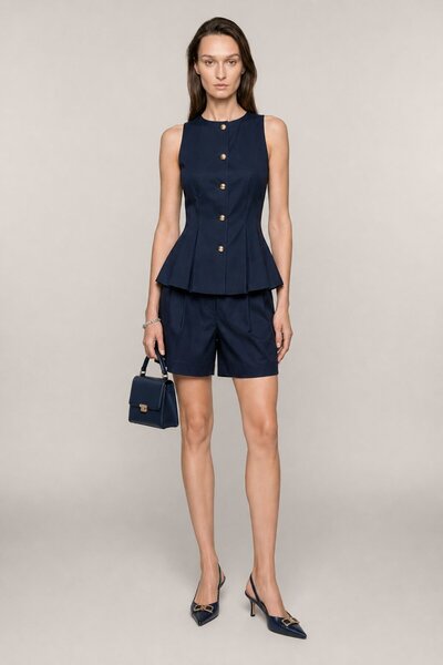 Swass Erin Gold Button Detailed Shorts Set Navy Blue
