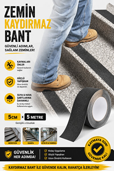 garaccu Merdiven Zemin Kaydırmaz Bant (5 CM X 5 METRE) Yapışkanlı Yer Zemin Kaymaz Bandı Siyah