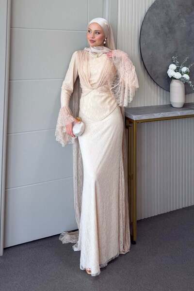 Şule Giyim Elizya Lace Evening Dress Set Beige
