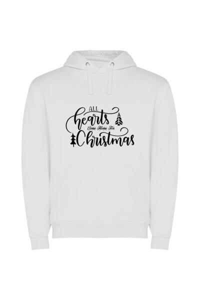 iLovePrints Hearts Home for Christmas Φούτερ με κουκούλα σε χρώμα Λευκό