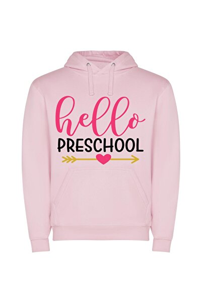iLovePrints Hello Preschool, Old School Φούτερ με κουκούλα σε χρώμα Ροζ