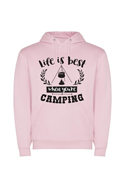 iLovePrints Camping: True Life Experience Φούτερ με κουκούλα σε χρώμα Ροζ