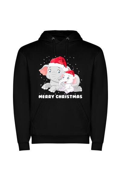 iLovePrints Festive Elephant Extravaganza Φούτερ με κουκούλα σε χρώμα Μαύρο