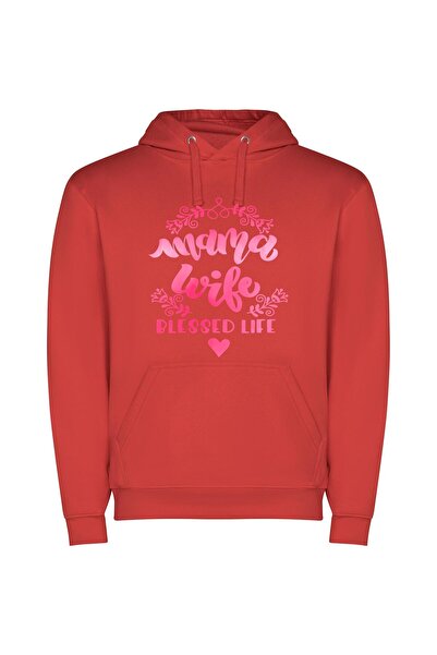 iLovePrints Wine & Blessed: Mama's Wife Φούτερ με κουκούλα σε χρώμα Κόκκινο