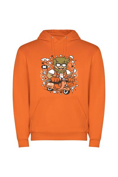 iLovePrints Scooter Ride: Cartoon Vector Φούτερ με κουκούλα σε χρώμα Πορτοκαλί