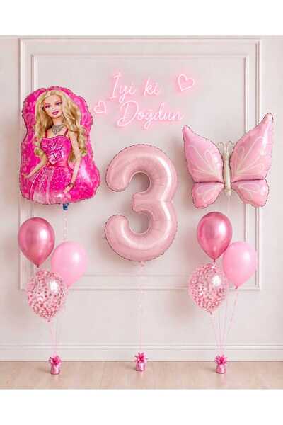 ALYA PARTİ Barbie & kelebek ve 3 yaş rakam folyo balonlu doğum günü seti