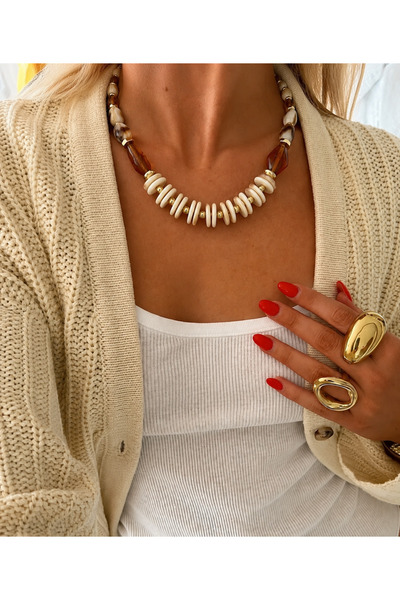 AychaAksesuar Brown Cream Beaded Necklace