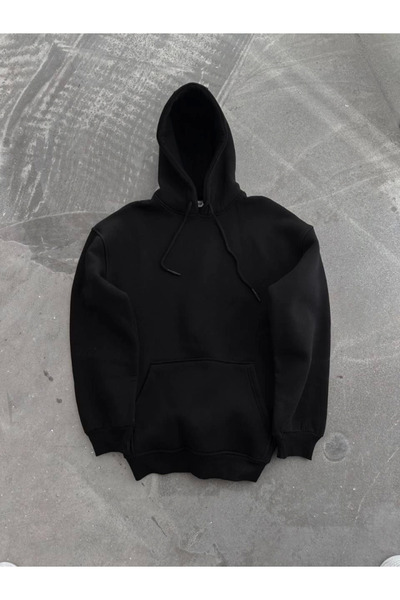 oniks store Hooded Three-Thread Combed Cotton Basic Sweatshirt - Black