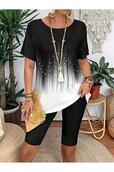 Gökyüzü Moda Women's Short Sleeve Crew Neck Patterned Diver Blouse and Leggin...