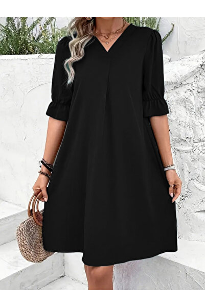 pazarella Women's Short Sleeve V-Neck Loose Janjan Crepe Dress