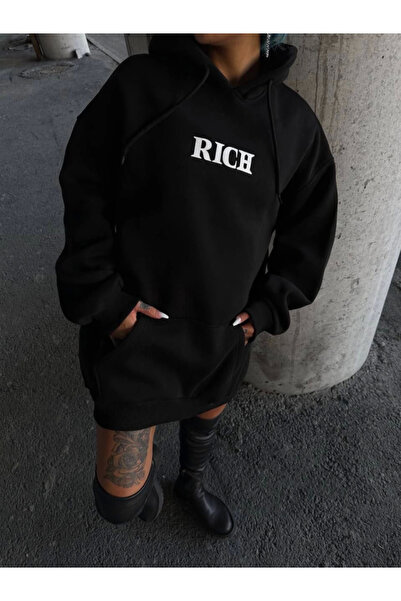 oniks store Long Sleeve Hooded Sweatshirt with Chest Print - Black