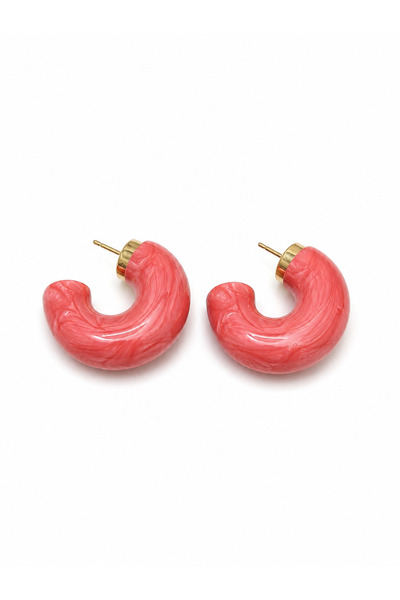 POSEİDONS JEWELLERY Pink Marble Patterned Gold Detailed Thick Hoop Earrings S...