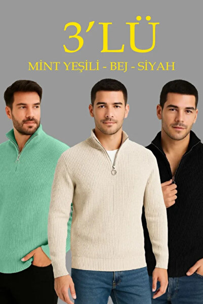 Gökyüzü Moda Men's Corded Fabric Knitwear Sweater Set of 3 – Mint Green, Blac...